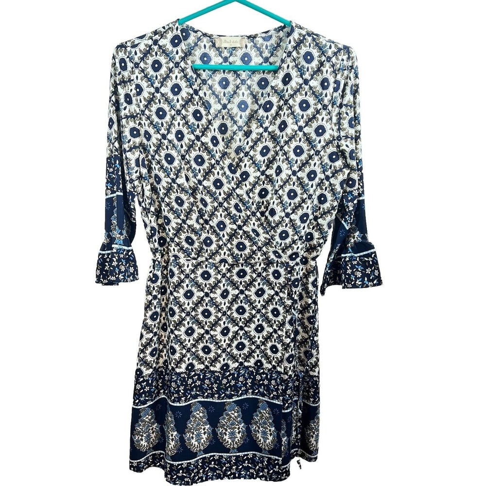 Altard State Blue White Floral Geometric Faux Wrap Dress Womens Size M Boho Mini